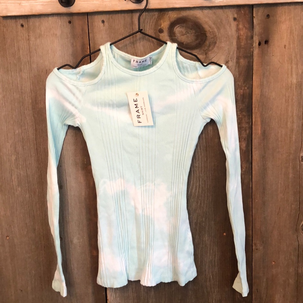 FRAME Variegated Ribbed Knit Cold Shoulder Top in blue / teal Tie dye Size Small